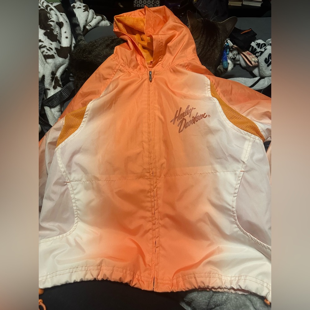 Womens 2007 Harley Davidson Full Zip Windbreaker Jacket Size Large Orange/White